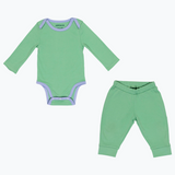 Cozy Comfort Bundle: Long Sleeve Bodysuits + Jogger Pants in Grass Green with Blue