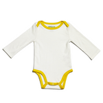 Long sleeve onesie or bodysuit with misted yellow piping for Arquia brand. peruvian pima cotton