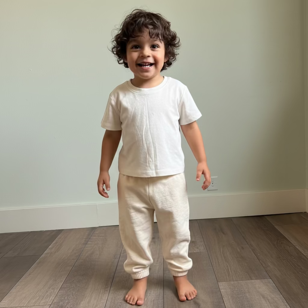 White | Child wearing a white t-shirt and cream pants standing on a wooden floor.